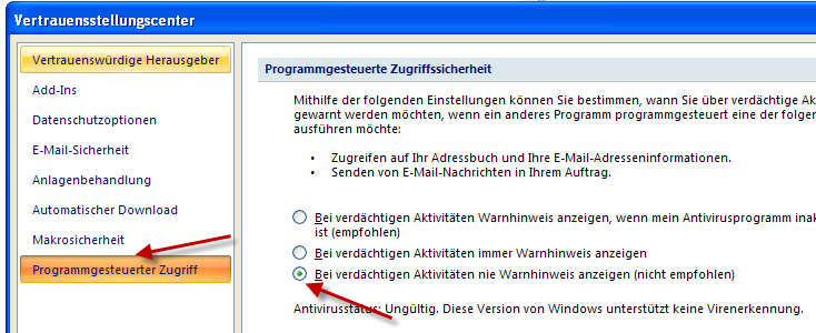 Einstellungen in Outlook 2007