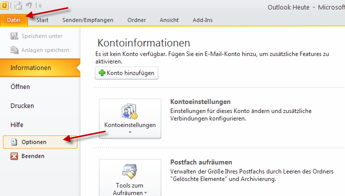 Einstellungen in Outlook 2010