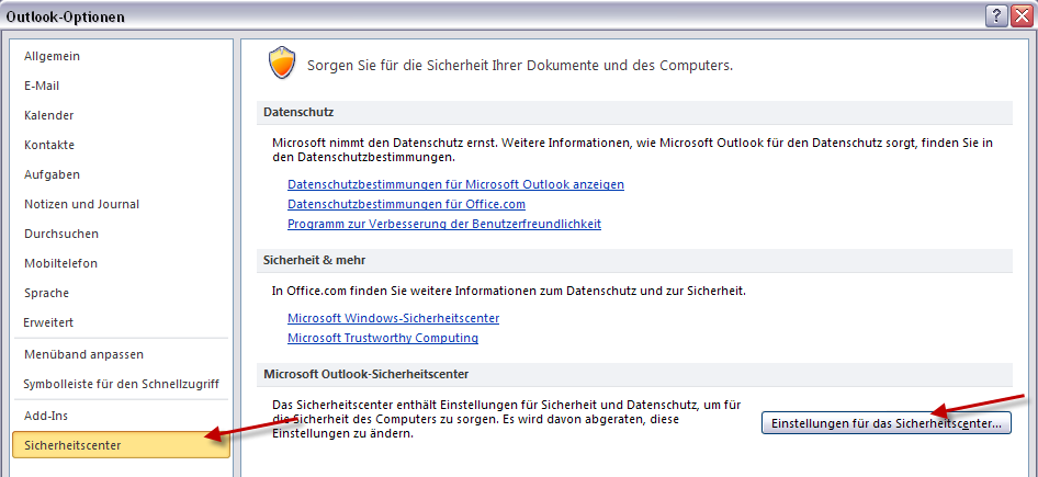 Einstellungen in Outlook 2010