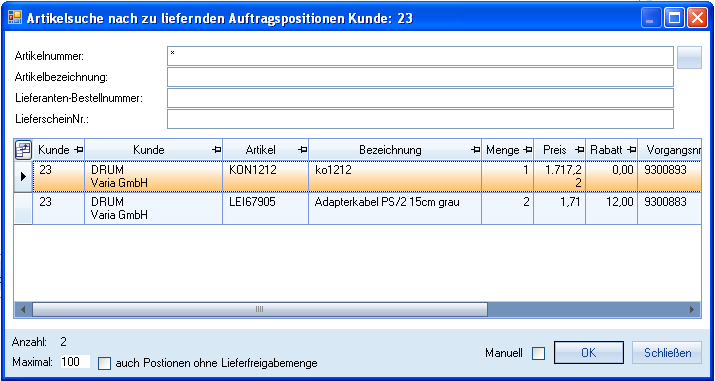 Suche von Auftragspositionen