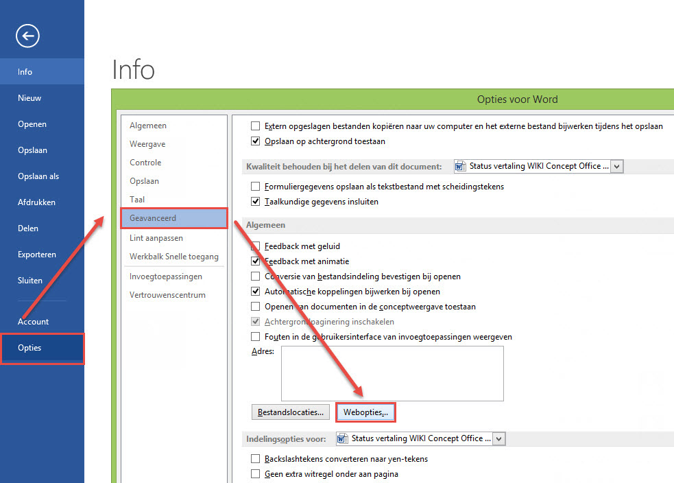 Optionen in Word